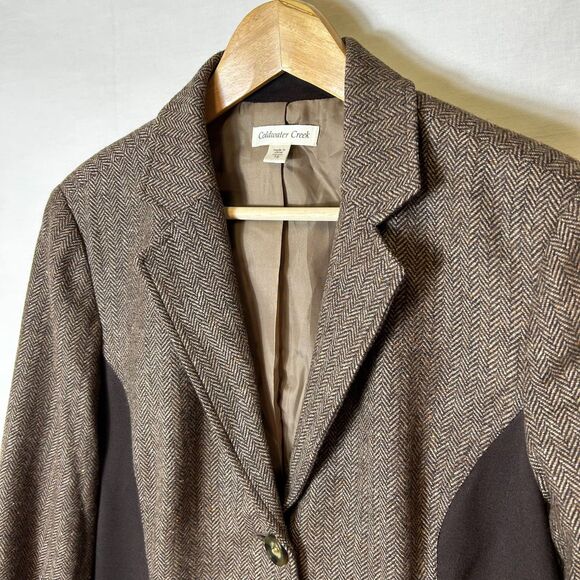 Coldwater Creek NWOT Brown Knit Panel Wool Herringbone Tweed Blazer Size 16 - Picture 4 of 14